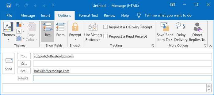 Bcc in a message Outlook 2016