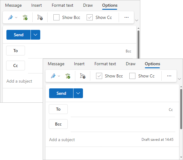 Example of messages with Cc and Bcc fields in Outlook for Web