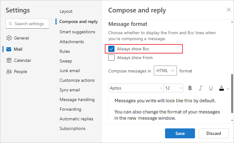 Always show Bcc in Settings Outlook for Web