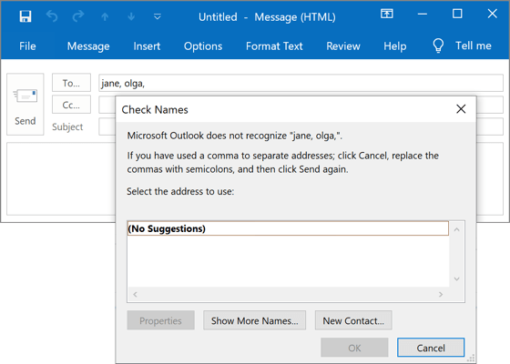 Addresses using commas as separators in Outlook 2016