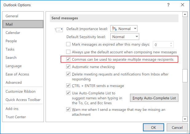 Commas can be used to separate multiple message recipients in Outlook 2016 Options