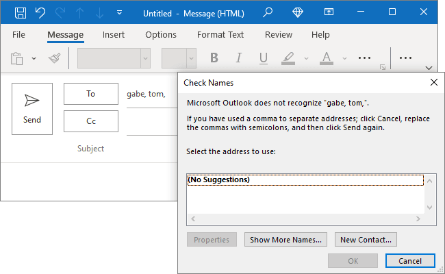 Addresses using commas as separators in Outlook 365