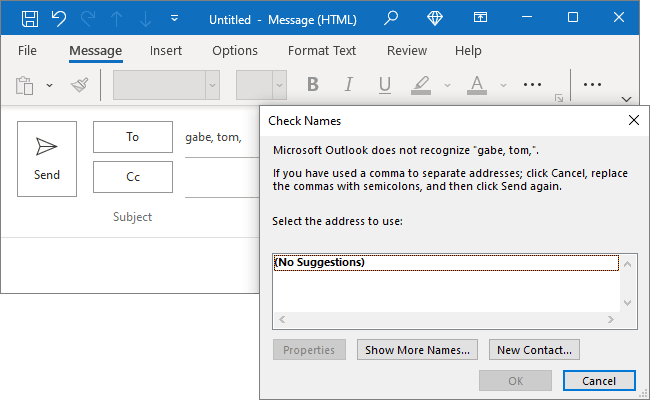 Endereços que usam vírgulas como separadores no Outlook para Microsoft 365 Endereços usando vírgulas como separadores no Outlook 365