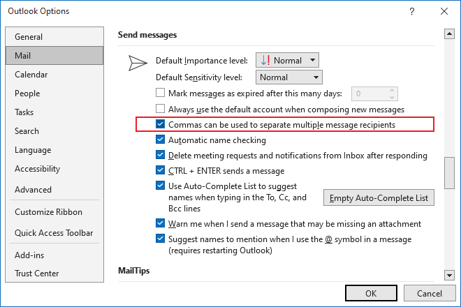 As vírgulas podem ser usadas para separar vários destinatários de mensagens nas Opções do Outlook 365 As vírgulas podem ser usadas para separar vários destinatários de mensagens nas Opções do Outlook 365
