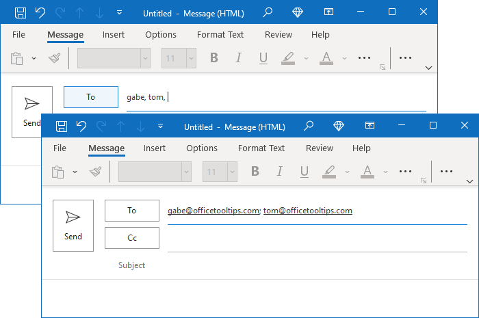 Endereços que usam vírgulas como separadores no Outlook para Microsoft 365 Endereços usando vírgulas como separadores no Outlook 365