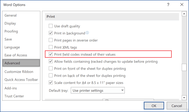 Word 2016 Options dialog box