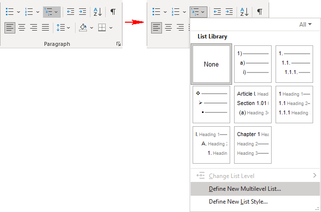 Define New Multilevel List in Word for Microsoft 365 Define New Multilevel List in Word 365