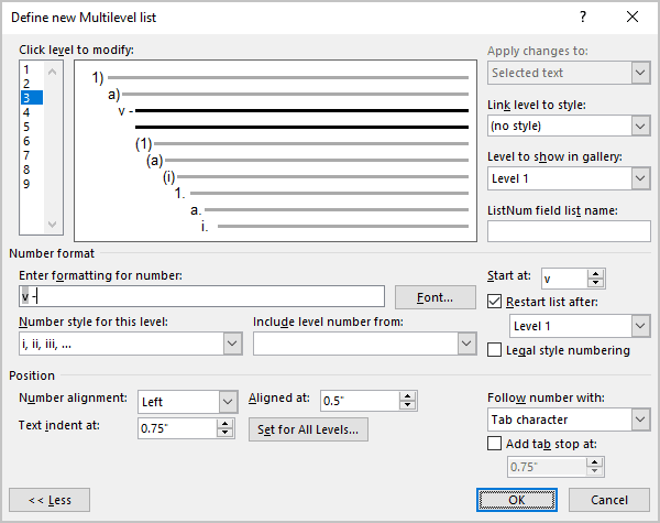 Example of restarting numbering after a certain level in Word 365