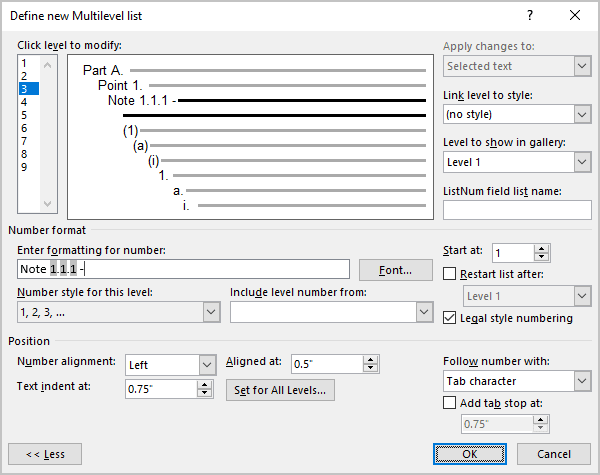 Example of Legal style numbering in Word 365