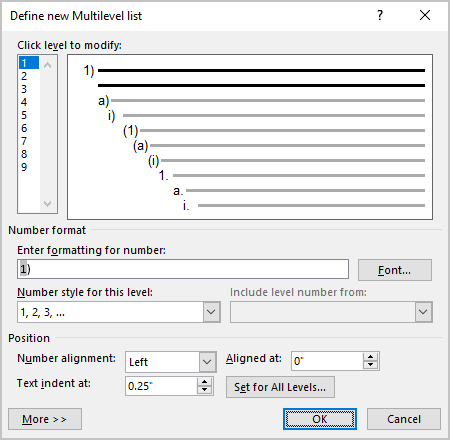 Define New Multilevel List in Word 365