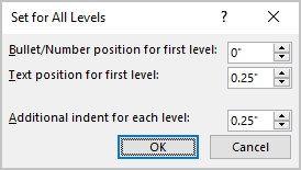 Example of Set for All Levels in Word 365