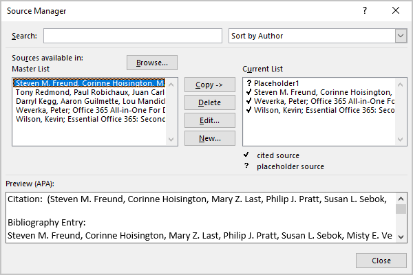 Source Manager dialog box in Word 365