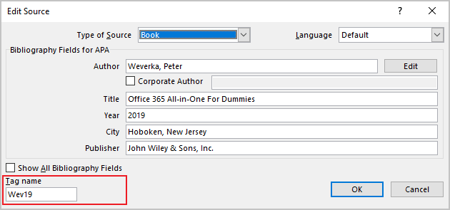 Tag name in Source Manager in Word 365