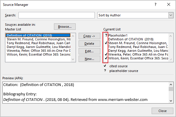 Current List in Source Manager in Word 365