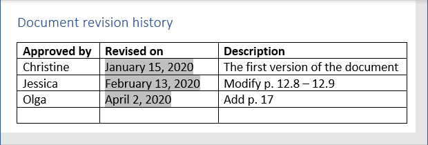 Example of the fields in Word 365