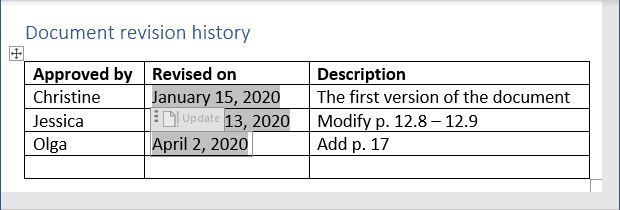 Example of the locked fields in Word 365