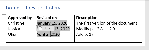 Example of the unlocked fields in Word 365