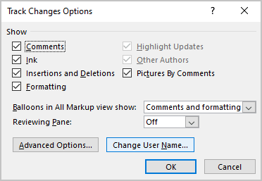 Change User Name in Track Changes Options Word 365