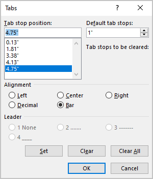 Tabs dialog box in Word 365