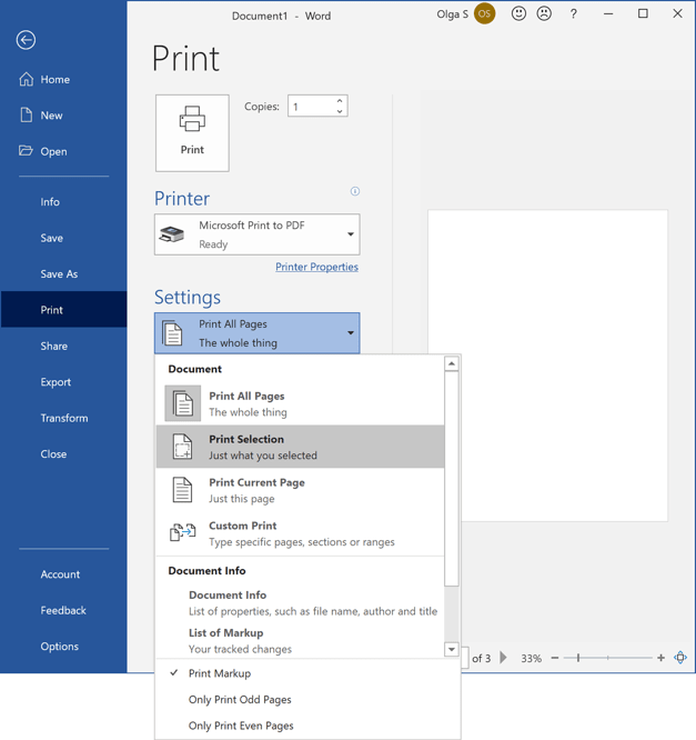 Print only selected text in Word 365