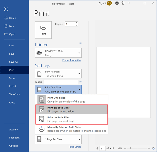 Print on Both Sides in Word 365