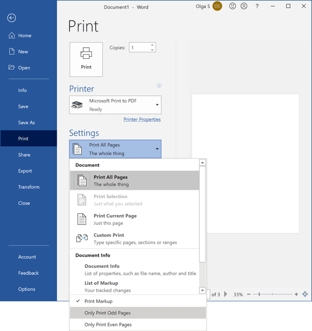 Only Print Odd Pages in Word 365