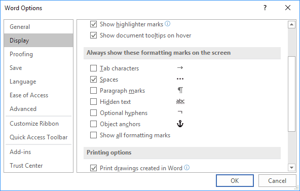 Spaces option in Word 2016