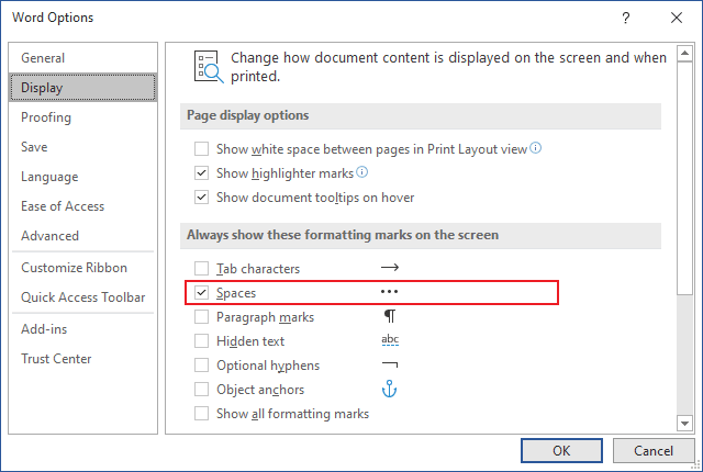 Spaces option in Word 365
