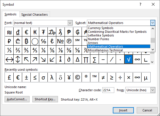 Square root symbol in Symbols Word 2016