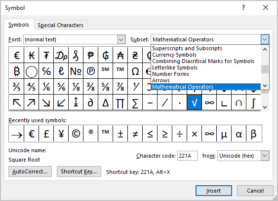 Square root symbol in Symbols Word 365