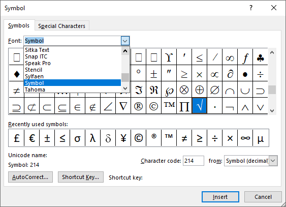 Square root symbol in Symbols 2 Word 2016