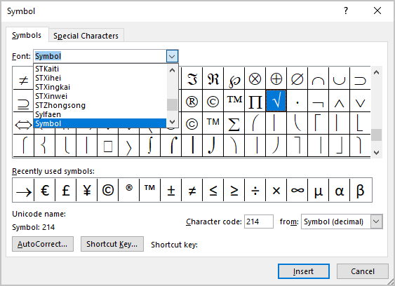 Square root symbol in Symbols 2 Word 365