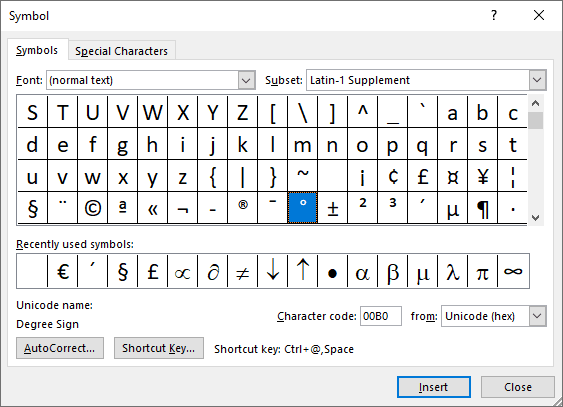 Degree Sign in Symbols Word 2016