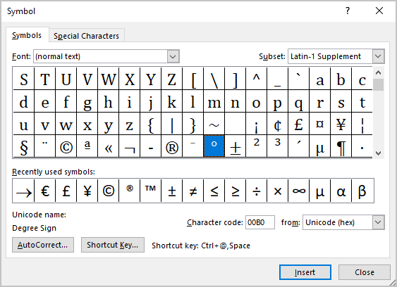 Degree Sign in Symbols Word 365