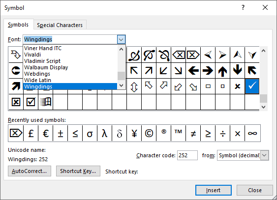 Tick mark in Symbols Word 2016