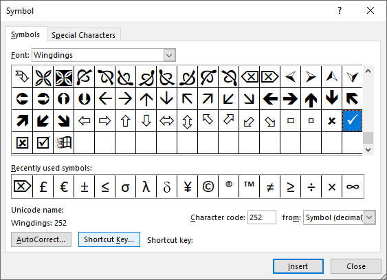 Shortcut Key button in Symbol Word 2016