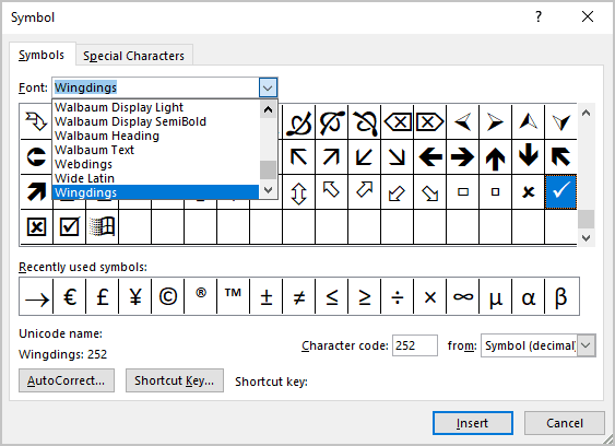 Tick mark in Symbols Word 365