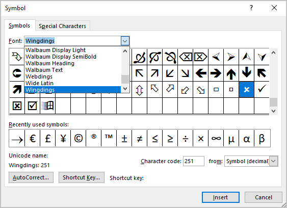 X mark in Symbols Word 365