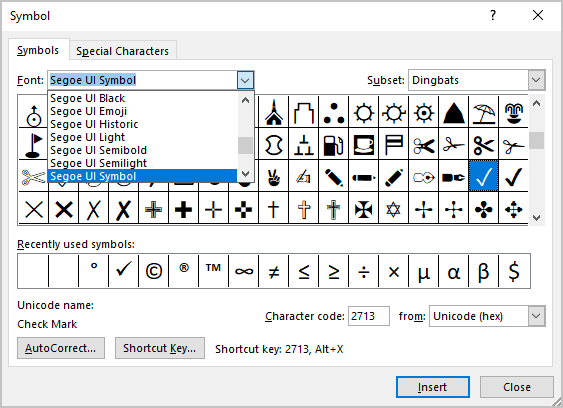 Tick mark in Segoe UI Symbol font in Word 365