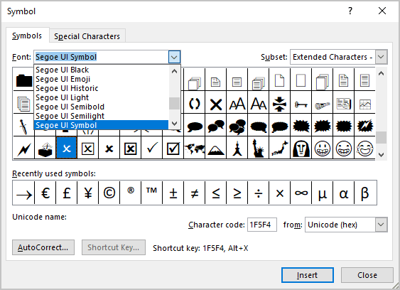 X mark in Segoe UI Symbol font in Word 365