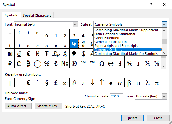 Currency Symbols in Symbols Word 2016