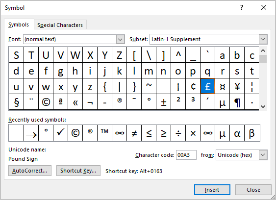 Currency symbol in Symbols Word 365