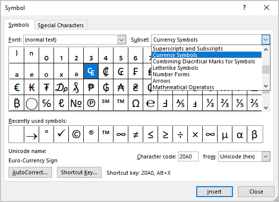 Currency Symbols in Symbols Word 365