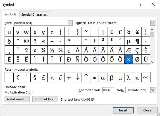 Multiplication symbol in Symbols Word 2016