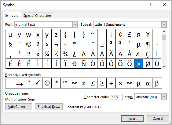 Multiplication symbol in Symbols Word 365