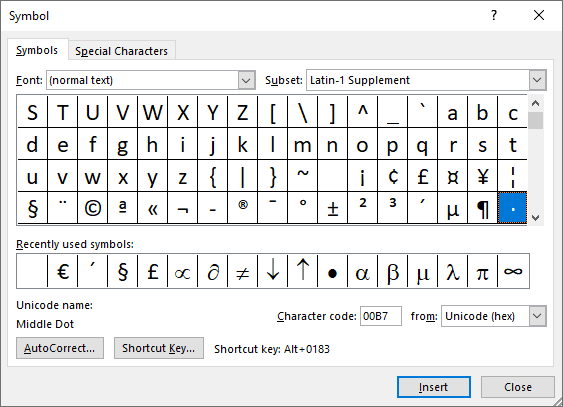 Dot symbol in Symbols Word 2016