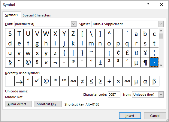 Dot symbol in Symbols Word 365