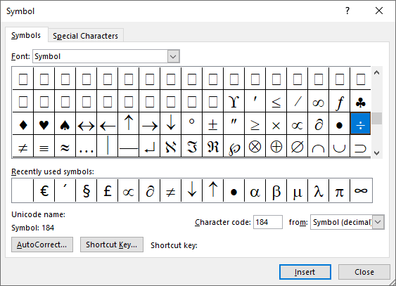 Division symbol in Symbols Word 2016