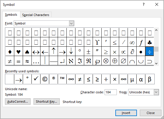 Division symbol in Symbols Word 365