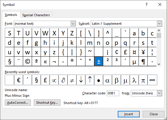 Plus-minus symbol in Symbols Word 2016